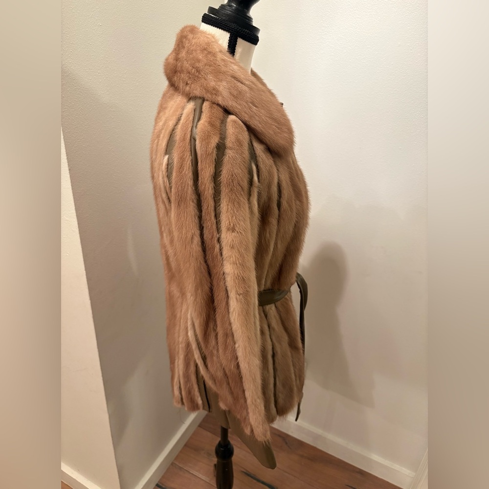 Vintage Mink Fur & Leather Coat Belted Brown Jacket - Picture 5 of 11